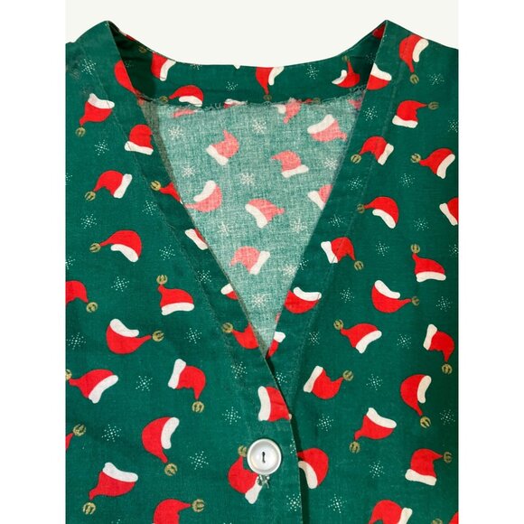 Christmas Themed Green Button-Up Scrub Jacket With Santa Hat Print Homemade - Picture 3 of 10